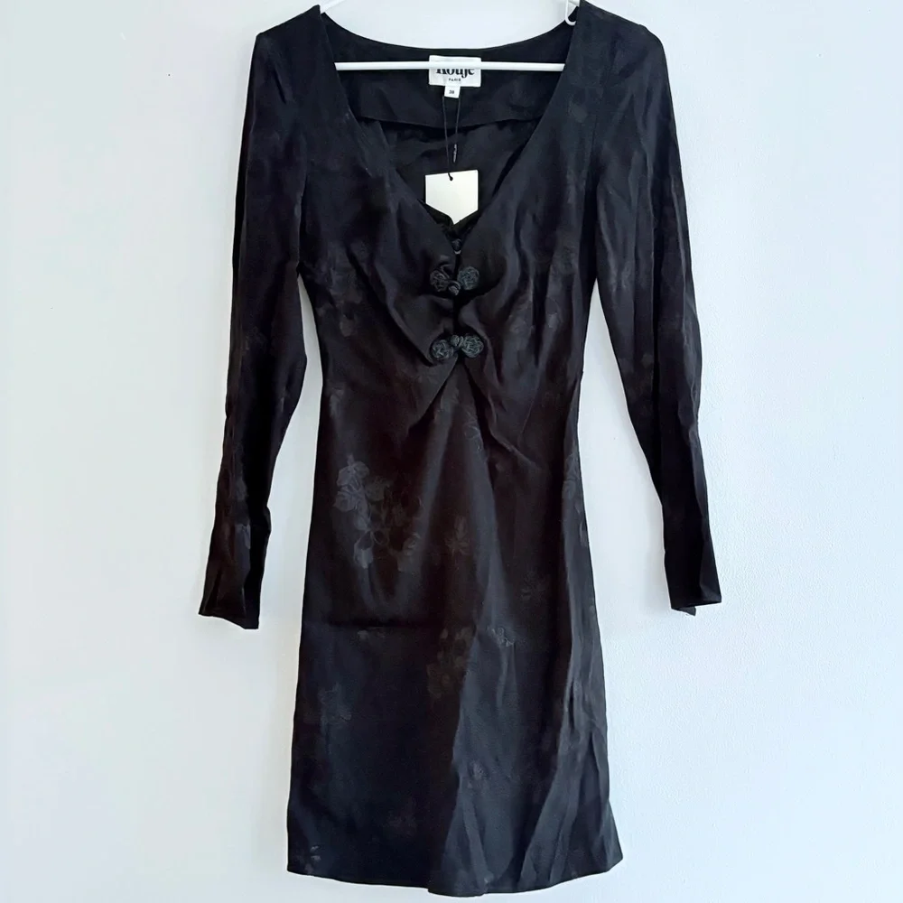 ROUJE PARIS Nancia Floral Jacquard Silk Satin Black Mini Dress Frog Knot Detail - Picture 8 of 16